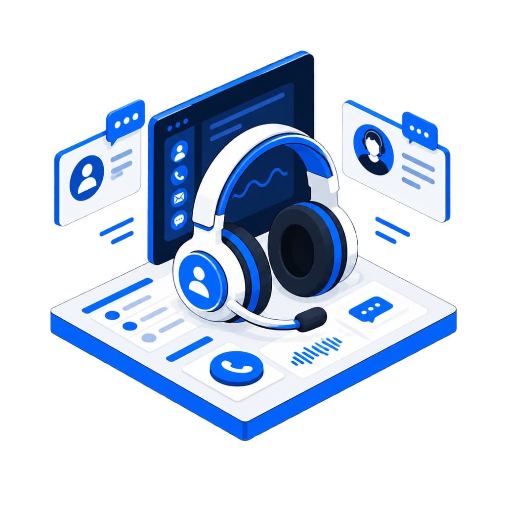A contact center headset surrounded by customer channels